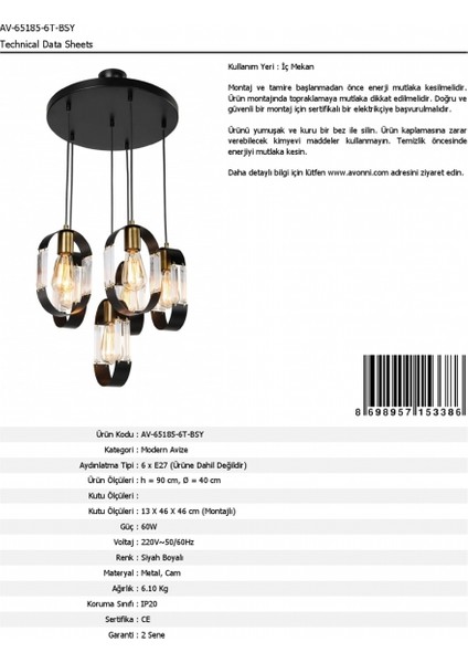 AV-65185-6T-BSY Siyah Boyalı Modern Avize E27 Metal Cam 40cm indirimleri