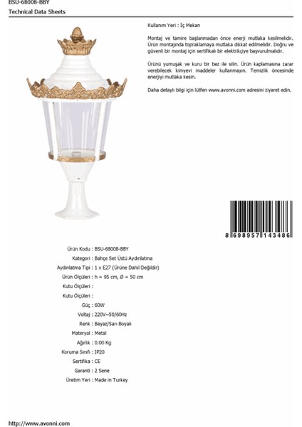 BSU-68008-BBY Beyaz/Sarı Boyalı Dış Mekan Aydınlatma E27 Aluminyum Akrilik Cam 50cm fırsatları