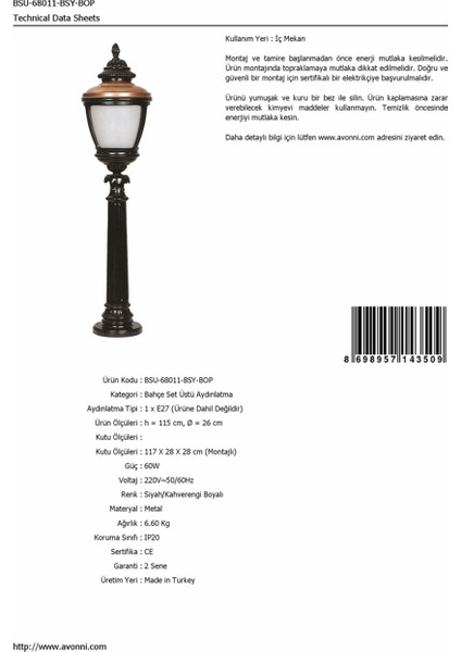 BSU-68011-BSY-BOP Kahverengi/Siyah Boyalı Dış Mekan Aydınlatma E27 Aluminyum Polikarbon Cam 26cm fırsatları