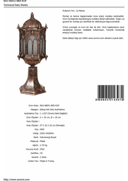 BSU-68051-BKR-KOP Kahverengi Boyalı Dış Mekan Aydınlatma E27 Aluminyum Polikarbon Cam 20cm fırsatları