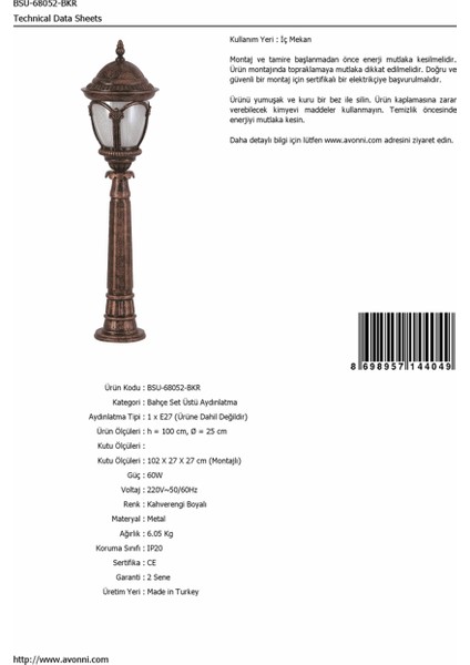 BSU-68052-BKR Kahverengi Boyalı Dış Mekan Aydınlatma E27 Aluminyum Polikarbon Cam 25cm fırsatları