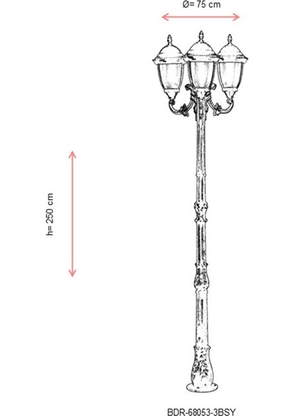 AVONNI BDR-68053-3BSY Siyah Boyalı Dış Mekan Aydınlatma E27 Aluminyum Döküm Dip Polikarbon Cam 75cm