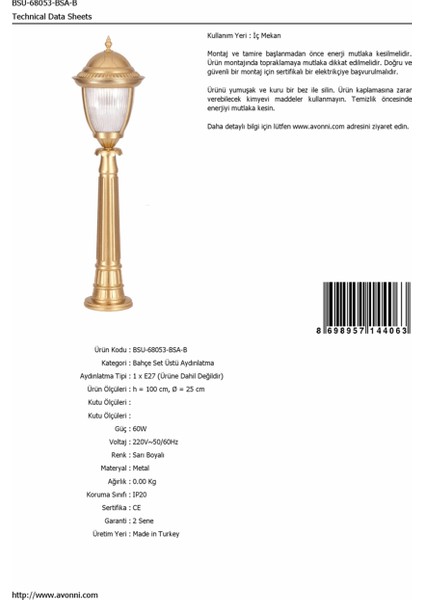 BSU-68053-BSA-B Sarı Boyalı Dış Mekan Aydınlatma E27 Aluminyum Döküm Dip Polikarbon Cam 25cm