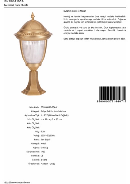 BSU-68053-BSA-K Sarı Boyalı Dış Mekan Aydınlatma E27 Aluminyum Döküm Dip Polikarbon Cam 25cm