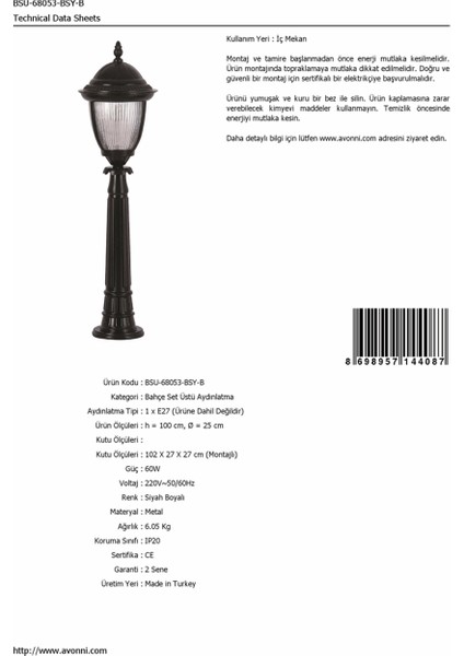 BSU-68053-BSY-B Siyah Boyalı Dış Mekan Aydınlatma E27 Aluminyum Döküm Dip Polikarbon Cam 25cm