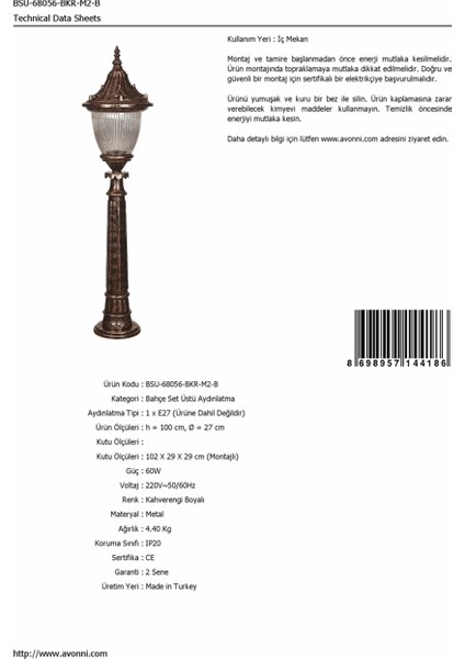 BSU-68056-BKR-M2-B Kahverengi Boyalı Dış Mekan Aydınlatma E27 Aluminyum Döküm Dip Polikarbon Cam 27cm