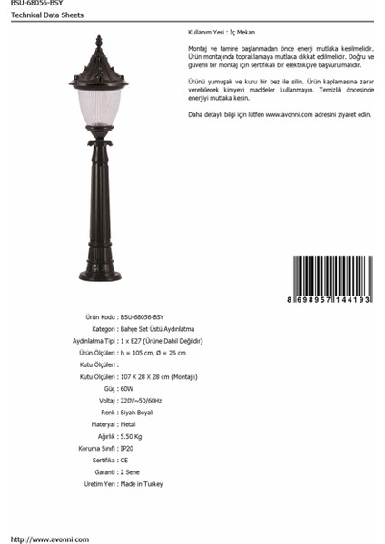 BSU-68056-BSY Siyah Boyalı Dış Mekan Aydınlatma E27 Aluminyum Polikarbon Cam 26cm
