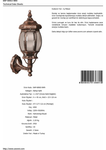 BAP-68063-BKR- Kahverengi Boyalı Dış Mekan Aydınlatma E27 Aluminyum Polikarbon Cam 25x20cm