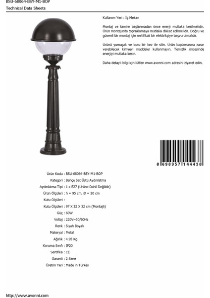 BSU-68064-BSY-M1-BOP Siyah Boyalı Dış Mekan Aydınlatma E27 Aluminyum Polikarbon Cam 30cm fırsatları