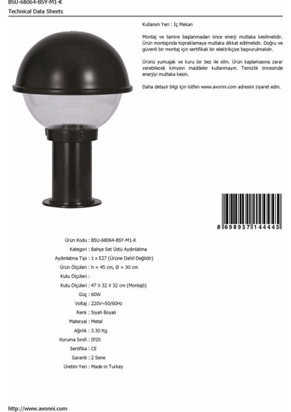 BSU-68064-BSY-M1-K Siyah Boyalı Dış Mekan Aydınlatma E27 Aluminyum Polikarbon Cam 30cm