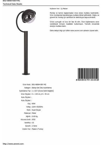 BSU-68064-BSY-M2 Siyah Boyalı Dış Mekan Aydınlatma E27 Aluminyum Döküm Dip Polikarbon Cam 45cm