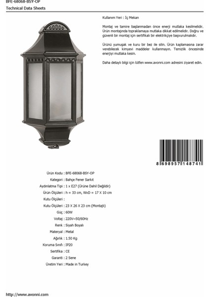 BFE-68068-BSY-OP Siyah Boyalı Dış Mekan Aydınlatma E27 Aluminyum Polikarbon Cam 17x10cm fırsatları