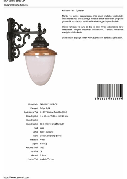 BAP-68071-BKR-OP Kahverengi/Siyah Boyalı Dış Mekan Aydınlatma E27 Aluminyum Polikarbon Cam 45x20cm
