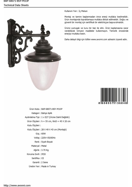 BAP-68071-BSY-M1OP Siyah Boyalı Dış Mekan Aydınlatma E27 Aluminyum Polikarbon Cam 45x20cm fırsatları