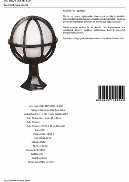 BSU-68079-BSY-M2-KOP Siyah Boyalı Dış Mekan Aydınlatma E27 Aluminyum Polietilen Cam 30cm fırsatları