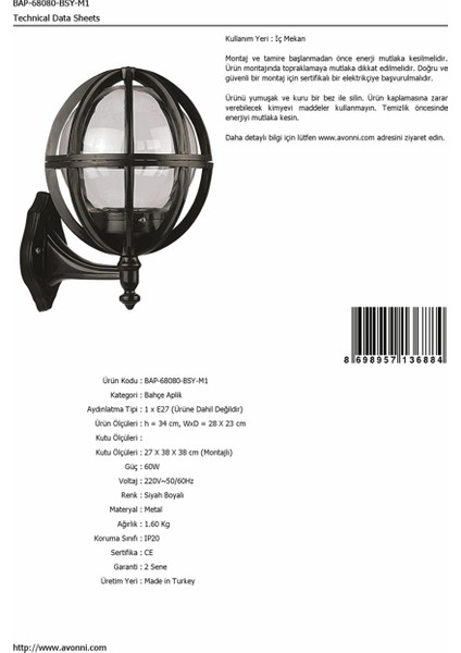 BAP-68080-BSY-M1 Siyah Boyalı Dış Mekan Aydınlatma E27 ABS Akrilik Cam 28x23cm fırsatları