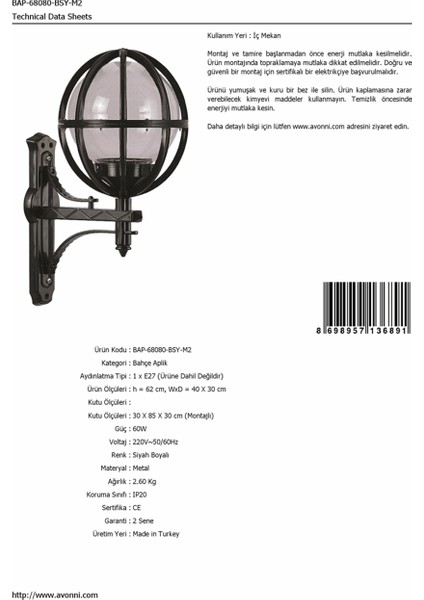 BAP-68080-BSY-M2 Siyah Boyalı Dış Mekan Aydınlatma E27 ABS Akrilik Cam 40x30cm fırsatları