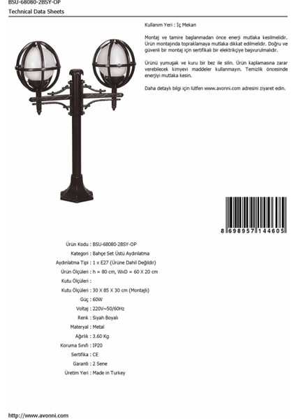 BSU-68080-2BSY-OP Siyah Boyalı Dış Mekan Aydınlatma E27 ABS Polietilen Cam 60x20cm fırsatları