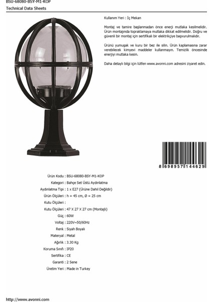 BSU-68080-BSY-M1-KOP Siyah Boyalı Dış Mekan Aydınlatma E27 Aluminyum Akrilik Cam 25cm fırsatları