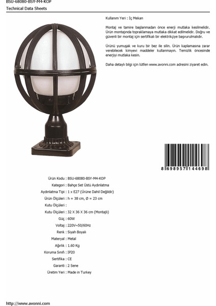 BSU-68080-BSY-M4-KOP Siyah Boyalı Dış Mekan Aydınlatma E27 ABS Akrilik 23cm fırsatları