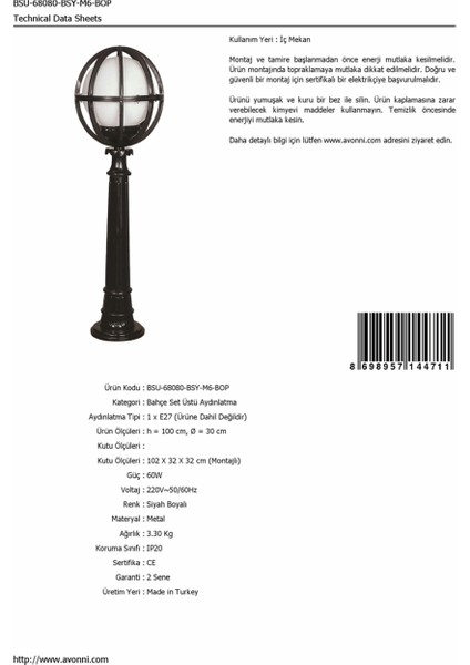 BSU-68080-BSY-M6-BOP Siyah Boyalı Dış Mekan Aydınlatma E27 ABS Polietilen Cam 30cm fırsatları