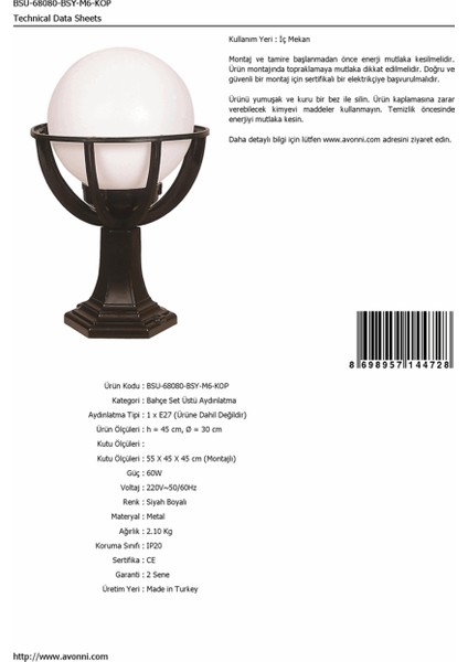 BSU-68080-BSY-M6-KOP Siyah Boyalı Dış Mekan Aydınlatma E27 ABS Polietilen Cam 30cm