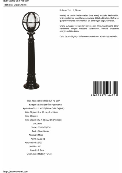 BSU-68080-BSY-M8-BOP Siyah Boyalı Dış Mekan Aydınlatma E27 ABS Polietilen Cam 20cm