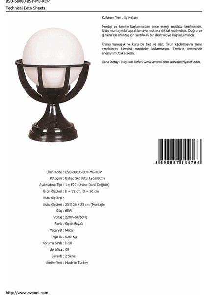 BSU-68080-BSY-M8-KOP Siyah Boyalı Dış Mekan Aydınlatma E27 ABS Polietilen Cam 20cm