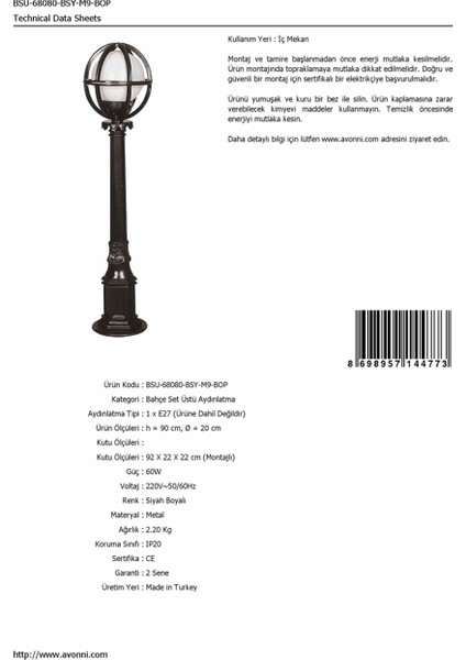 BSU-68080-BSY-M9-BOP Siyah Boyalı Dış Mekan Aydınlatma E27 ABS Polietilen Cam 20cm