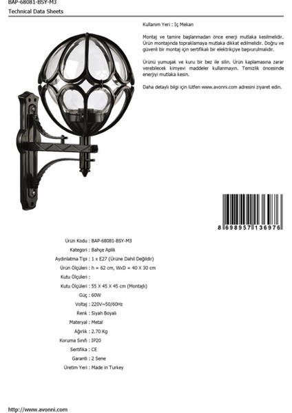 BAP-68081-BSY-M3 Siyah Boyalı Dış Mekan Aydınlatma E27 ABS Akrilik Cam 40x30cm
