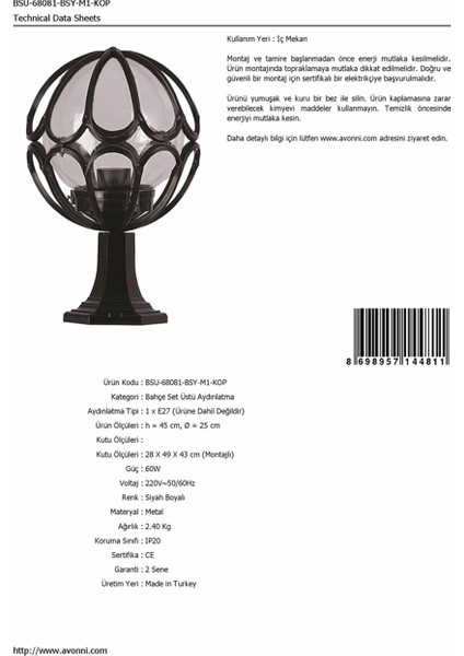 BSU-68081-BSY-M1-KOP Siyah Boyalı Dış Mekan Aydınlatma E27 Aluminyum Akrilik Cam 25cm fırsatları