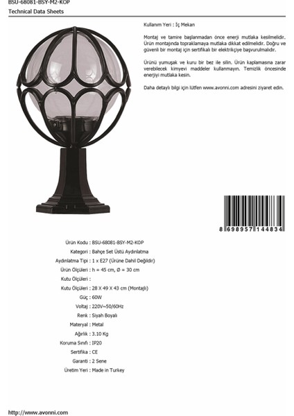 BSU-68081-BSY-M2-KOP Siyah Boyalı Dış Mekan Aydınlatma E27 Aluminyum Akrilik Cam 30cm fırsatları