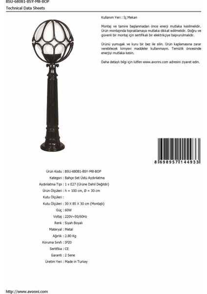 BSU-68081-BSY-M8-BOP Siyah Boyalı Dış Mekan Aydınlatma E27 ABS Polietilen Cam 30cm fırsatları