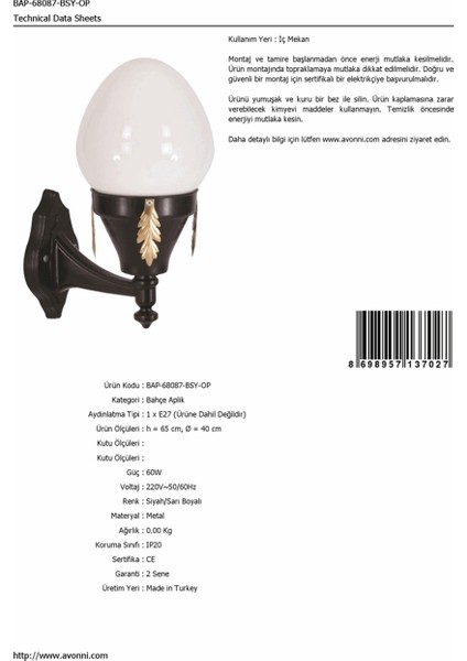 BAP-68087-BSY-OP Sarı/Siyah Boyalı Dış Mekan Aydınlatma E27 Aluminyum Döküm Dip Akrilik Cam 40cm fırsatları
