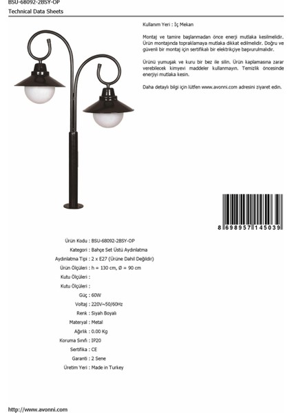 BSU-68092-2BSY-OP Siyah Boyalı Dış Mekan Aydınlatma E27 Aluminyum Polietilen Cam 90cm fırsatları