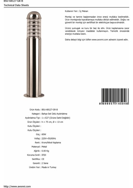 BSU-68127-GR-B Krom/Nikel Kaplama Dış Mekan Aydınlatma E27 Paslanmaz Çelik Polikarbon Cam 13cm
