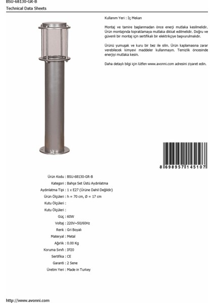 BSU-68130-GR-B Gri Boyalı Dış Mekan Aydınlatma E27 Aluminyum Polikarbon Cam 17cm