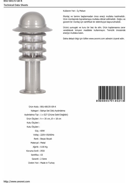 BSU-68135-GR-K Beyaz Boyalı Dış Mekan Aydınlatma E27 Aluminyum Polikarbon Cam 18cm fırsatları