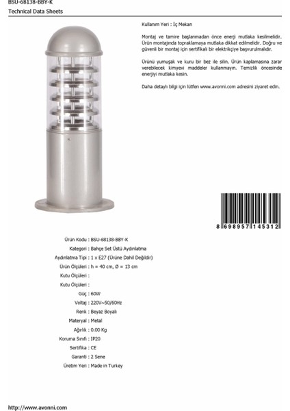 BSU-68138-BBY-K Beyaz Boyalı Dış Mekan Aydınlatma E27 Aluminyum Polikarbon 13cm fırsatları