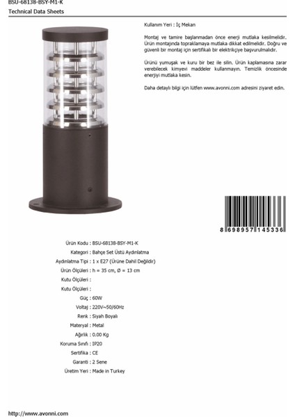 BSU-68138-BSY-M1-K Siyah Boyalı Dış Mekan Aydınlatma E27 Aluminyum Polikarbon 13cm fırsatları