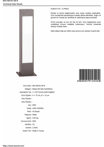 BSU-68142-GR-B Gri Boyalı Dış Mekan Aydınlatma E27 Aluminyum Polikarbon/Akrilik Cam 15cm