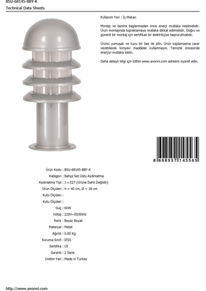 BSU-68145-BBY-K Beyaz Boyalı Dış Mekan Aydınlatma E27 Aluminyum Polikarbon Cam 18cm