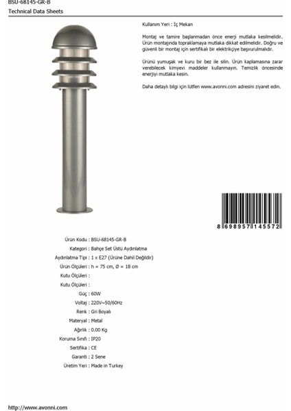 BSU-68145-GR-B Gri Boyalı Dış Mekan Aydınlatma E27 Aluminyum Polikarbon Cam 18cm