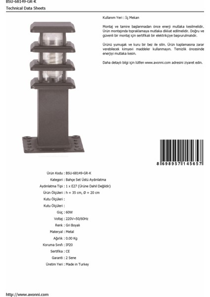 BSU-68149-GR-K Gri Boyalı Dış Mekan Aydınlatma E27 Aluminyum Polikarbon/Akrilik Cam 20cm fırsatları