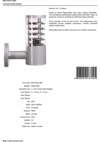 BAP-68155-BBY Gri Boyalı Dış Mekan Aydınlatma E27 Aluminyum Polikarbon Cam 24cm