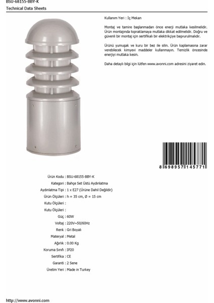 BSU-68155-BBY-K Gri Boyalı Dış Mekan Aydınlatma E27 Aluminyum Polikarbon Cam 15cm