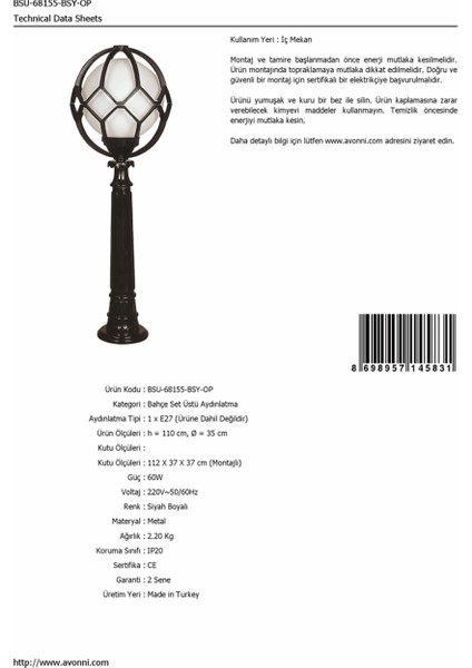 BSU-68155-BSY-OP Siyah Boyalı Dış Mekan Aydınlatma E27 ABS Akrilik/Polietilen Cam 35cm fırsatları