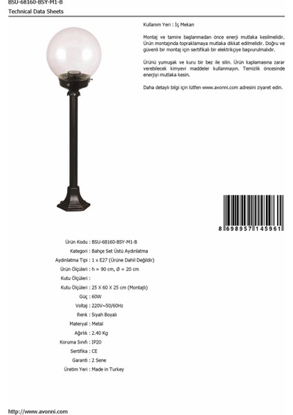 BSU-68160-BSY-M1-B Siyah Boyalı Dış Mekan Aydınlatma E27 ABS Akrilik Cam 20cm