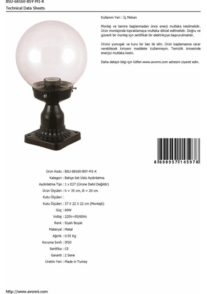 BSU-68160-BSY-M1-K Siyah Boyalı Dış Mekan Aydınlatma E27 ABS Akrilik Cam 20cm