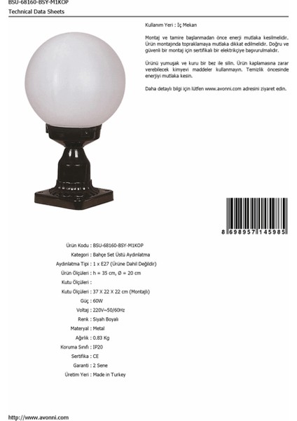 BSU-68160-BSY-M1KOP Siyah Boyalı Dış Mekan Aydınlatma E27 ABS Polietilen Cam 20cm